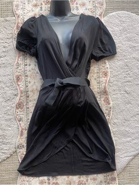 D&G Black Wrap Mini Dress with Puff Sleeves and Tie Belt
